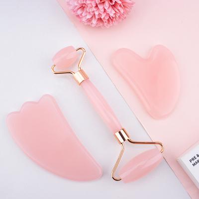 China Custom Box Packing Beauty Stone Face Logo White Pink Rose Mounted Quartz Face Massage Tools Jade Facial Roller and Gua Sha Sets for sale