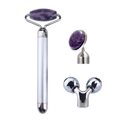 China Crystal Facial Roller Wholesale Natural Silent Massager Roller Vibrating Jade Roller Set Mounted Electric Quartz Facial Roller for sale