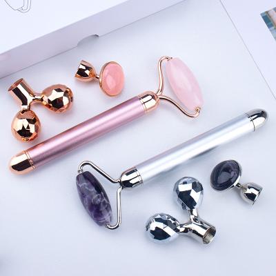 China Wholesale New Product Natural Crystal Facial Roller Luxury Crystal Face Massager Rose Quartz Jade Vibrating Eye Facial Roller For Face for sale