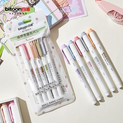 China Soft Writing Factory Price 5 Colors Dual Head Highlighter Marker Pen Pen For Notes And Books Fluorescent Universal for sale