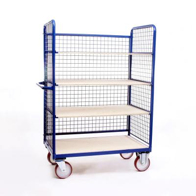 China Disassembled Heavy Duty Easy Loading Mobile Shelves Plywood Mesh Steel Rolling Warehouse Trolley Platform Four Shelves for sale