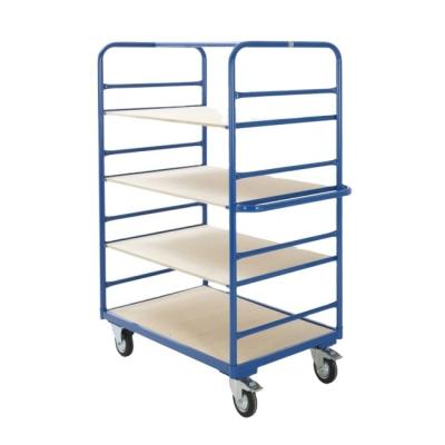 China Warehouse Storage Disassembled Heavy Duty Metal Platform 4 Layer Trolley With Wooden Shelf for sale