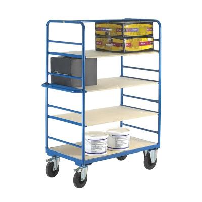 China Disassembled Heavy Duty Plywood Mobile Warehouse Platform Metal Storage 4 Layer Trolley Cart for sale