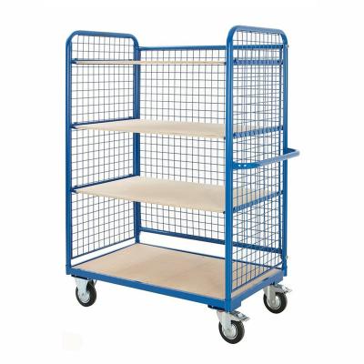 China Disassembled Heavy Duty Warehouse Wire Mesh Steel 4 Layers Plywood Storage Shelf Trolley for sale