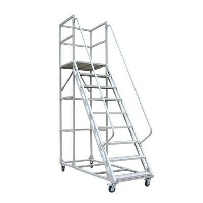 China Heavy Duty Steel Rolling 8 Steps Folding Rail Safety Mobile Ladders For Warehouses for sale