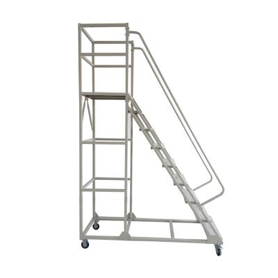 China Industrial Folding Ladders High Safety Four Wheel 8 Steps Iron Mobile Ladder With Side Rail for sale