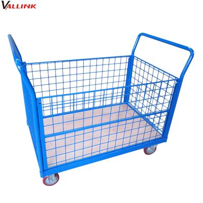 China Knock Down Warehouse 4 Sided 4 Wheel Security Mobile Cargo Flatbed Cart With Cage for sale