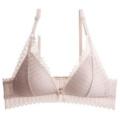 China Summer Beauty Lace Back Triangle Cup Bra One Piece Set Gathered Without Ring Front Closure Button Sexy Steel Bra for sale