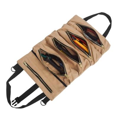 China Durable Car Camping Hanging Portable 5 Zippers Pull Up Storage Pouch Waterproof Canvas Roll Up Tool Bag for sale