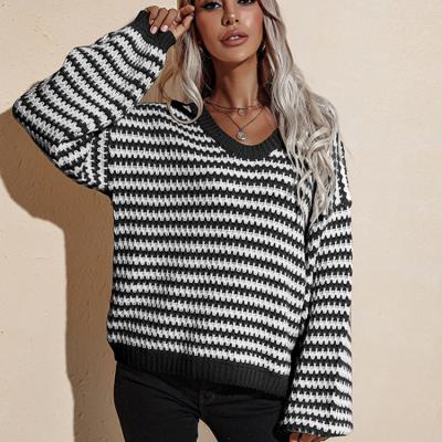 China Wholesale Long Sleeve V Neck Loose Slim Pullover Women's Breathable In-stock Stripe Sweaters for sale