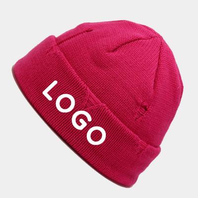 China Fashion Beanie Hats Wholesale Hole Logo Custom Beanie Hats Unisex Knitted Winter Embroidery Custom Logo for sale