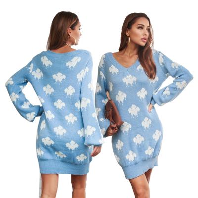 China 2021 fashion autumn and winter style v-neck cloud lantern new washable sleeve knitted dress with long sleeves for sale