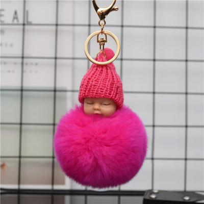 China Wholesale Fox Hair Metal Fashion Pom Pom Sleep Key Chain Baby Keychian for sale