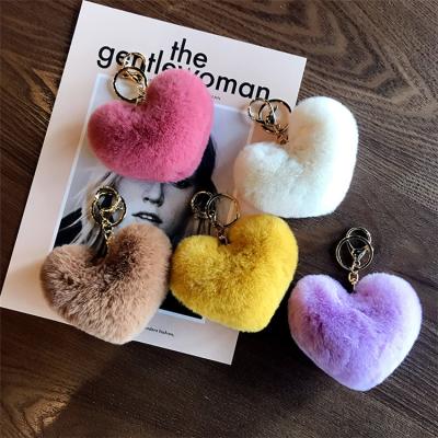 China High Quality Heart Shaped Fur Rubber Pom Pom Ball Pendant Solid Color Rabbit Keychain for sale