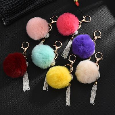 China New Diamond-Studded Pendant Bag 6cm Rex Rabbit Fur Pom Pom Ring Metal Tassel Drill Ball Keychain Keychain for sale