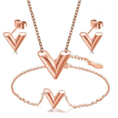 China TRENDY high quality v shape letter stainless steel jewelry sets earring bracelet necklace 3pcs for sale