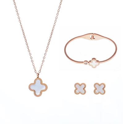 China Wholesale High Quality CLASSIC Jewelry Gift Women Rose Gold Four Leaf Clover Shell Necklace Bracelet Earrings Stainless Steel Set for sale