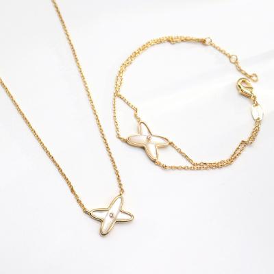 China Fashion CLASSIC High Quality Real 18k Gold Plated Shell White Choker Necklace Bracelet Natural Brass Set For Women Gift for sale