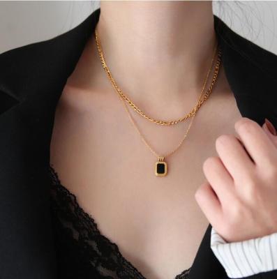 China Double Layer Anti-allergic Pendant Necklace Black Square Stainless Steel Korean Fashion Jewelry For Woman Girls Sexy Clavicle Chain Party Gift for sale