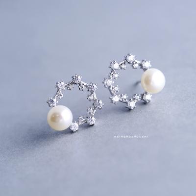 China Korean Flower Jewelry 925 Sterling Silver Small Round Pearl CZ Crystal Stud Earrings For Girl for sale