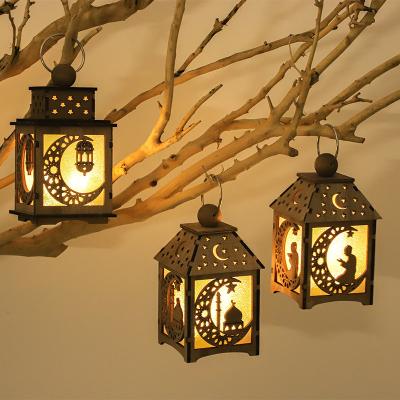 China New Home Decor Cavity Carve Wooden Muslim Al-fitr LED Ramadan Decoration Lantern Eid Mubarak Retro Lighting For Party Decoration for sale