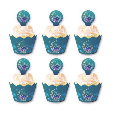 China 100% 2022 Eco-friendly new EID Party Supplies Blue Cake Topper Rim Paper Cups Disposable Plate set Ramadan Party Tableware Set for sale