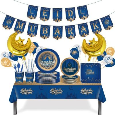 China Disposable Hajj Mubarak Set Blue Eid Mubarak Sprial 2022 Eid Mubarak Dishes Banner Islam Tableware Sets Sprial Decorations for sale