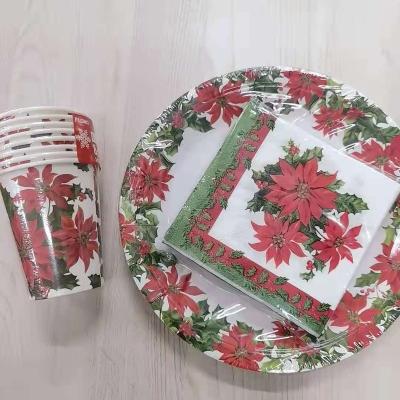 China Party Supplies Christmas Festive Tableware For 8 People Red Flower Paper Tableware Set Party Supplies Disposable Paper Plate Set for sale