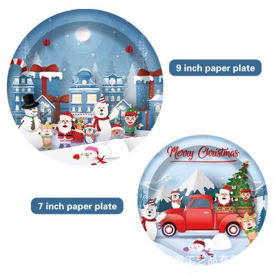 China For Merry Christmas Party Christmas Party Disposable Blue and Red Color Paper Plate Blue Tableware Dinner Christmas Banner and Tablecloth Design for sale