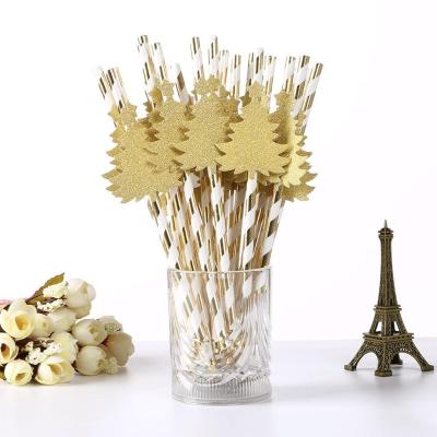 China Paper Christmas Tree Straw Food Grade Gold-Foil Disposable Drink Paper Straw For Party Celebration for sale