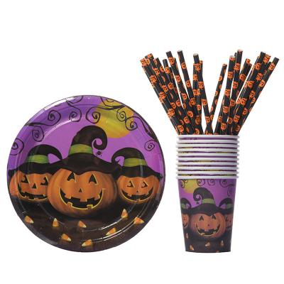 China Halloween Party Decoration Paper Plate Pumpkin Festival Paper Cups Halloween Night Party Supplier Disposable Tableware Set for sale