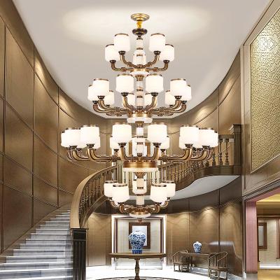 China New Chinese Style Art Deco Luxury Modern Hotel Living Room Jade Chandeliers Modern Zinc Alloy Stairs Tall Ceiling and Pendant Lights for sale