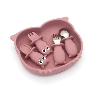 China Portable Children's Cartoon Silicone Baby Tableware Owl Serving Soup Spoons and Fork Gift Baby Fork and Spoon Spoon Set for sale