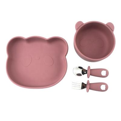 China Modern Suction Baby Feeding Bowl With Spoon Fork Set Puddle Proof Cartoon Animal Customized Logo Bear Toddler Silicone Baby Feeding Set for sale