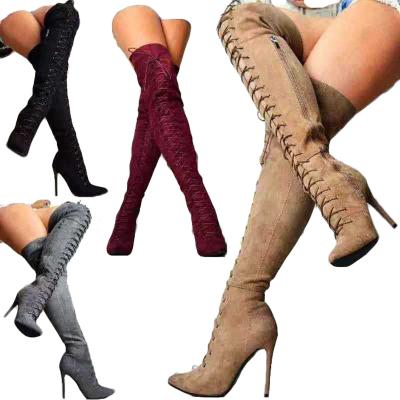 China CUSHIONING Front Lace Up Women Over Knee High Boots Sexy Thigh High Suede Side Zipper Boots Sexy Sticky Boots For Women Size 43 Thin Heel Tall for sale