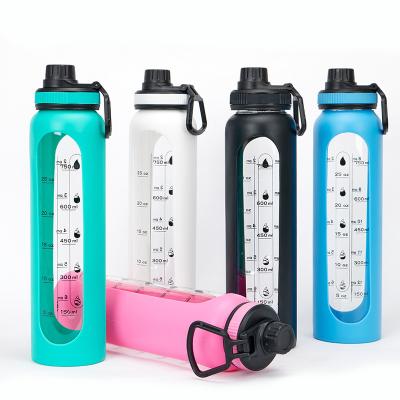 China Sustainable High borosilicate glass motivational water bottles with time marker, bpa free direct drinking lid, silicone sleeve for sale