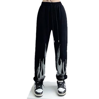 China wholesale Anti-wrinkle Fashion Stacked Pants 100% Cotton Heavy Women's Elastic Straight Leg Sweatpants Rhinestone Ankle Fleece Pants for sale