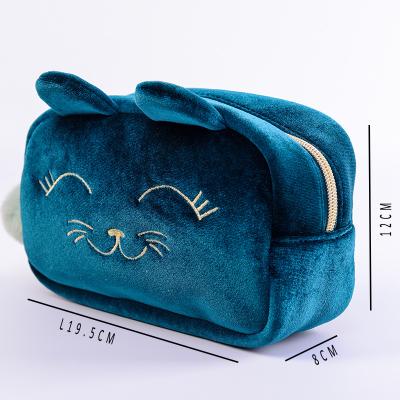 China Soft Cubic Face Embroidery Cartoon Cat Fleece Shorts Plush Shape Fashion Women Girls Women's Cosmetic Makeup Pouch Bag With Ear for sale