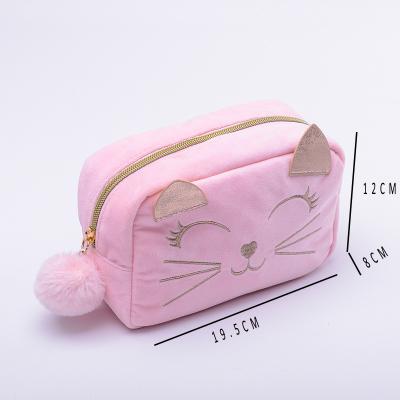 China Custom Pink Cat Fashion Logo Embroidery Zipper Cute Cartoon Face Soft Plush Mini Storage Bag For Cosmetics for sale