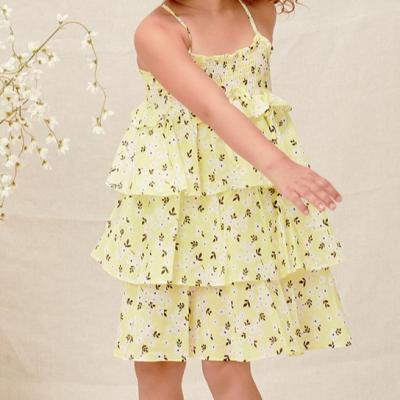 China 2022 Summer New Arrival Girl's Anti-wrinkle Sweet Yellow Floral Ruffle Dress Wholesale Custom Made Backless Skirt for sale