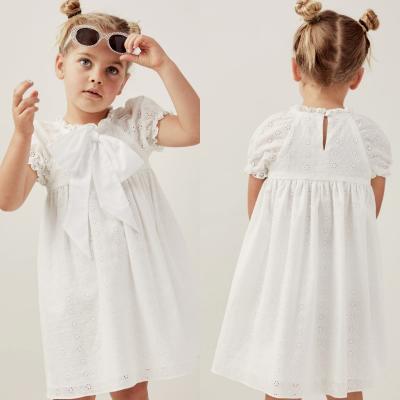 China 2022 summer washable hot - sale vintage style girl dress ruffle white bow knot short sleeve girl dress for sale