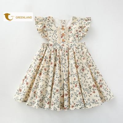 China Wholesale Washable Custom Made Button Ruffle Button Neck Square Style Vintage Girl's Sleeveless Dress for sale