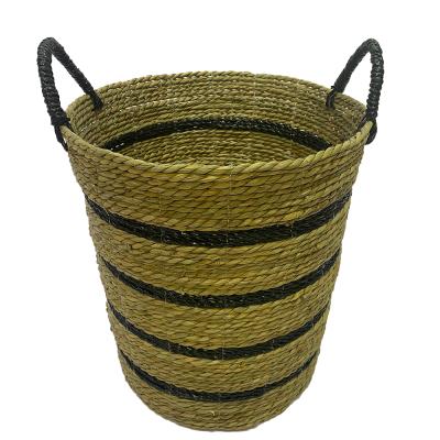 China Viable Wholesale Handmade Woven Organizer With Handles Straw Woven Basket Plant Pot Rattan Plant Plankton Storage Belly Basket for sale