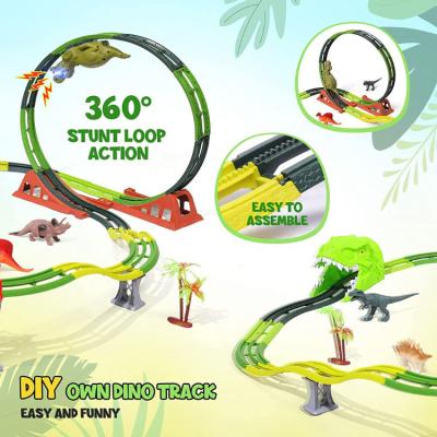 China Toy World Road Race Adventure 84pcs Flexible Slot TrackRechargeable Electric Dino Race Car Building Block Dinosaur Track Toy for sale