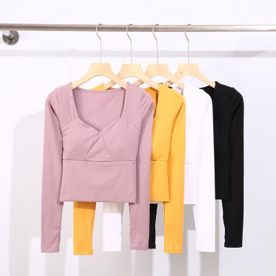 China QUICK DRY Tops Yoga Gym Crop Neck Scoop Neck Long Sleeve Shirts Workout Women's Sports Shaping Thumb Hole Tops for sale