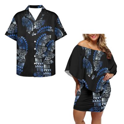 China Breathable Polynesian Tribal Matching Couples Clothes Pattern Printing Blue Custom Off The Shoulder Bodycon Club Dresses Sexy Mini Sweet Lovers for sale