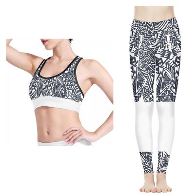 China Breathable Fitness Wear Polynesian Tribal Yoga Sets Black And White Fitness Women Pattern Printing Customization Sports Bra And Yoga Pants Set for sale