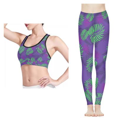 China Breathable Workout Yoga Set Purple Polynesian Tribal Hawaiian Palm Leaves Flower Print Custom Women Sportswear Set Yoga Sets For Women for sale