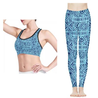 China Breathable Polynesian Tribal Samoan Blue Tapa Flower Print Custom Yoga Set Fitness Sportswear Workout Yoga Pants Vest Yoga Equipment Women Sets for sale