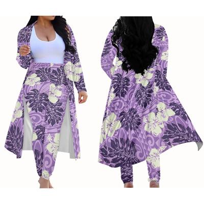 China Anti-Wrinkle Hibiscus Polynesian Tribal Hawaiian Purple Flower And Monster Leaves Print Custom Womens Pants Kimono Cardigan 2 Piece Sets for sale